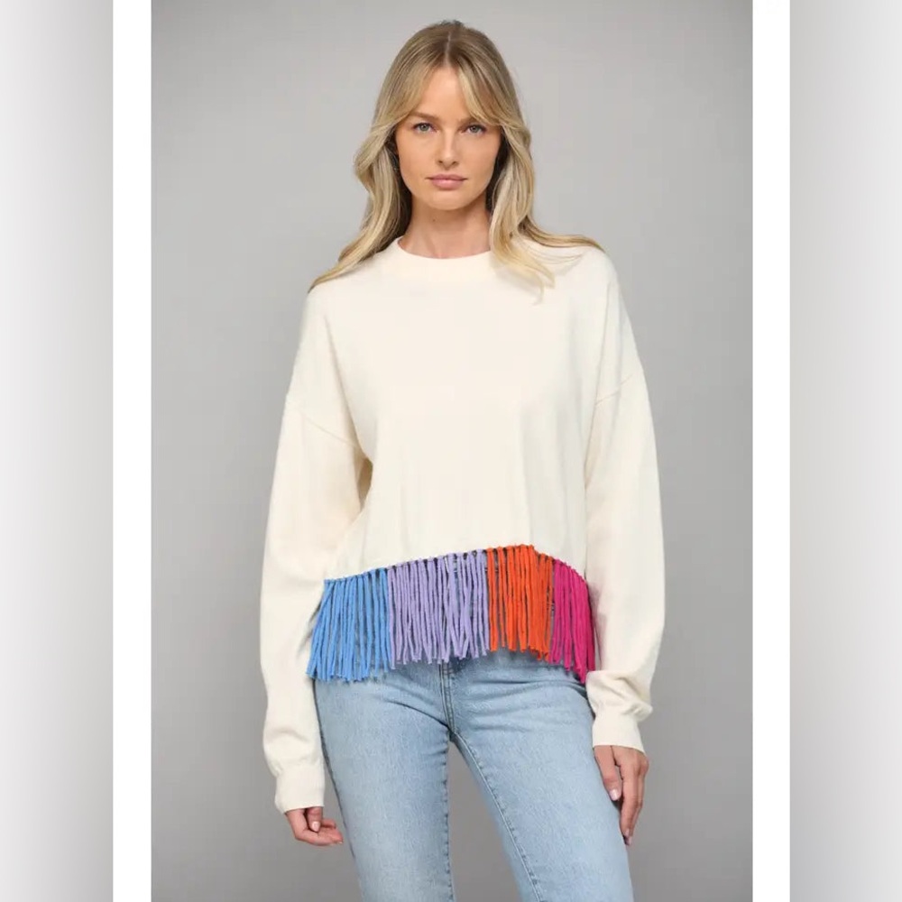 NWT Colorful Fringe Hem Crew Neck Sweatee (Size Large, brand: FATE)